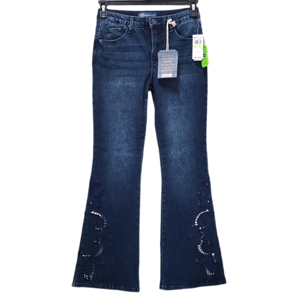 Democracy Out There Flare Jeans Die Cut Embroidery High Rise Ab Solution Blue 4